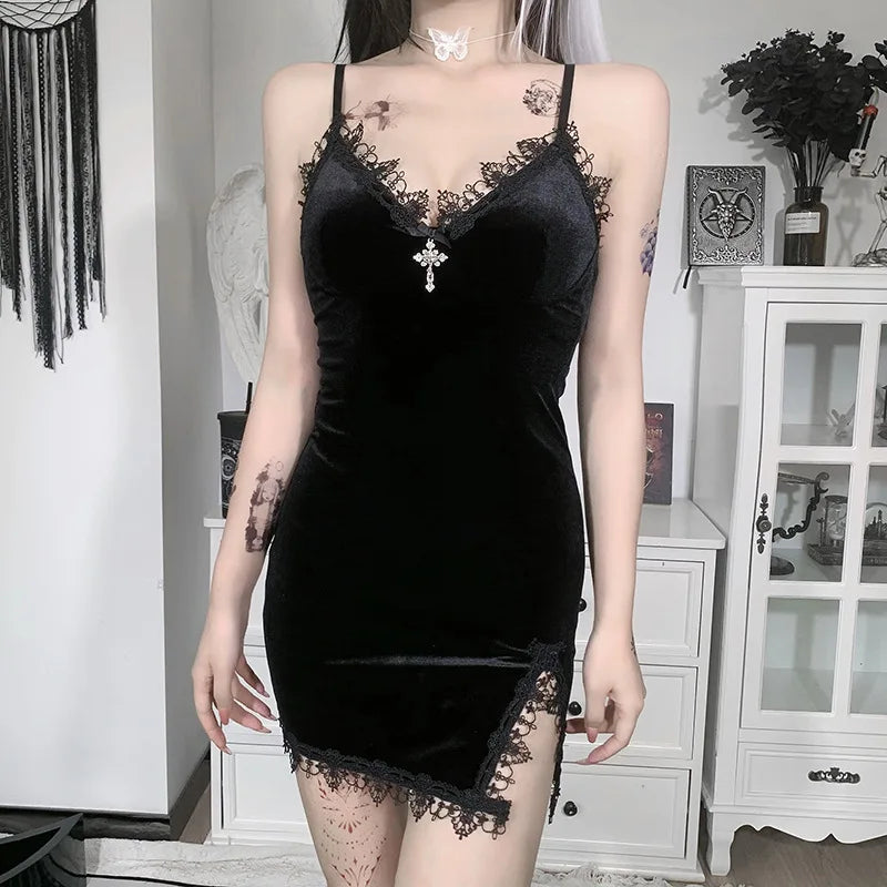 Gothic Black Cross Mini Dress with Spaghetti Straps