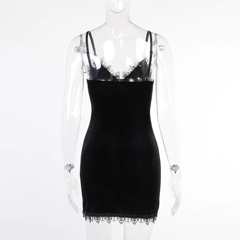 Gothic Black Cross Mini Dress with Spaghetti Straps