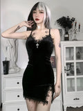 Gothic Black Cross Mini Dress with Spaghetti Straps