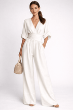 Women’s Deep V-Neck Wide Leg Chiffon Jumpsuit – High Waist Loose Fit