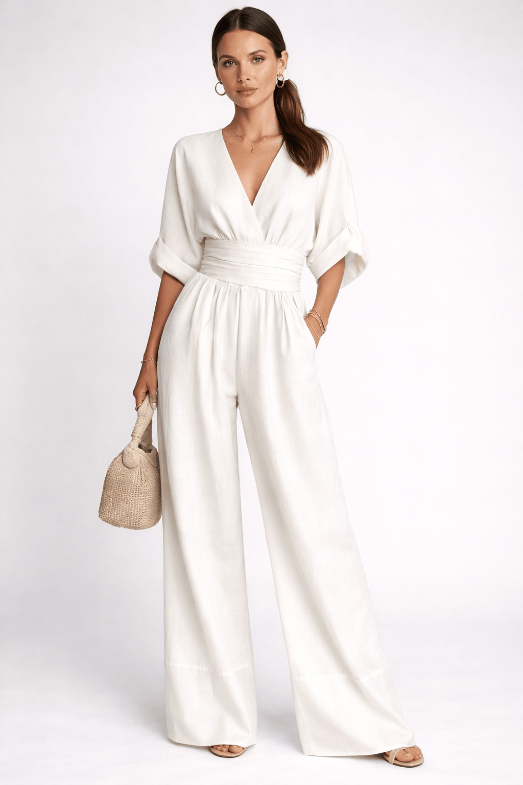 Women’s Deep V-Neck Wide Leg Chiffon Jumpsuit – Elegant High Waist Full Length Loose Fit Summer Romper
