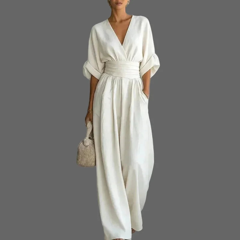 Women’s Deep V-Neck Wide Leg Chiffon Jumpsuit – Elegant High Waist Full Length Loose Fit Summer Romper