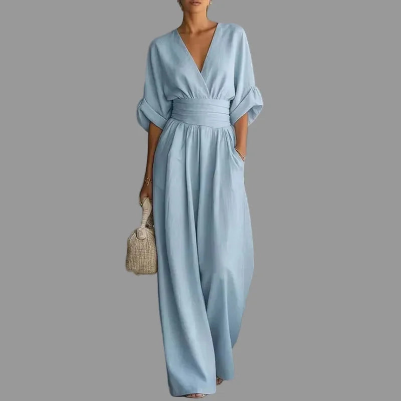 Women’s Deep V-Neck Wide Leg Chiffon Jumpsuit – Elegant High Waist Full Length Loose Fit Summer Romper