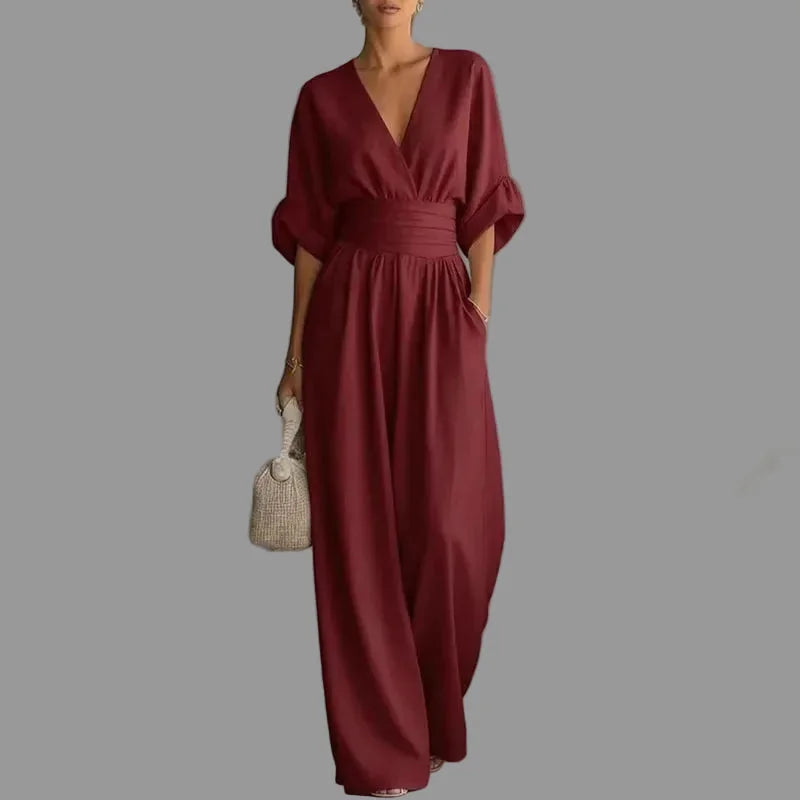 Women’s Deep V-Neck Wide Leg Chiffon Jumpsuit – Elegant High Waist Full Length Loose Fit Summer Romper