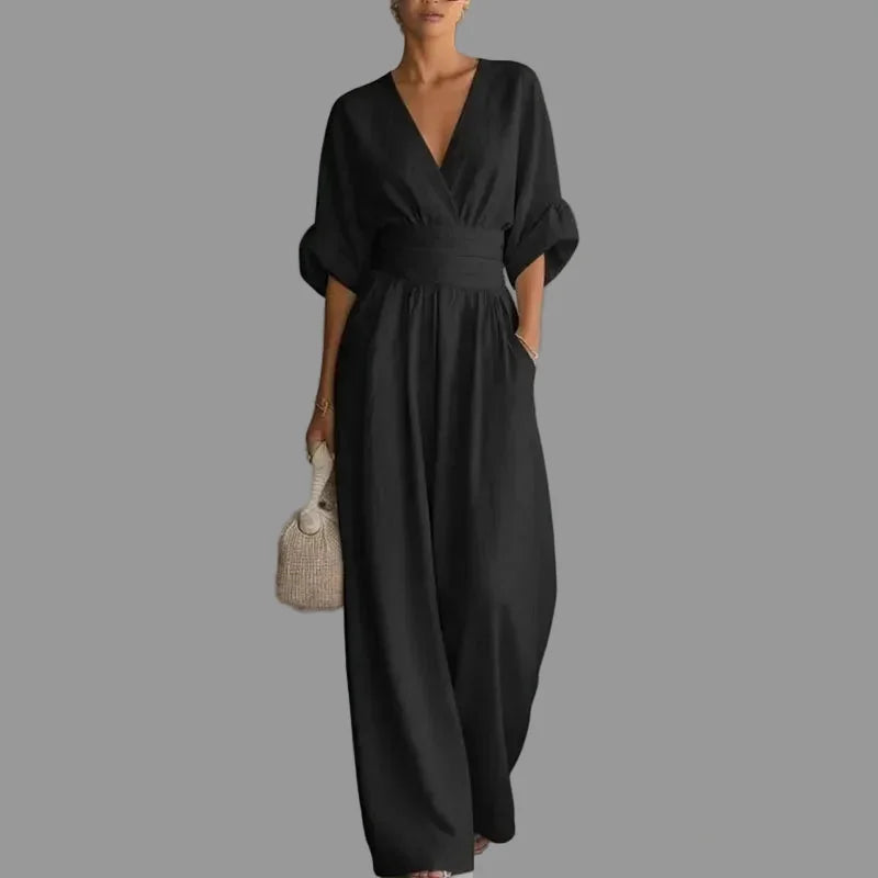Women’s Deep V-Neck Wide Leg Chiffon Jumpsuit – Elegant High Waist Full Length Loose Fit Summer Romper