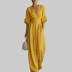 Women’s Deep V-Neck Wide Leg Chiffon Jumpsuit – High Waist Loose Fit