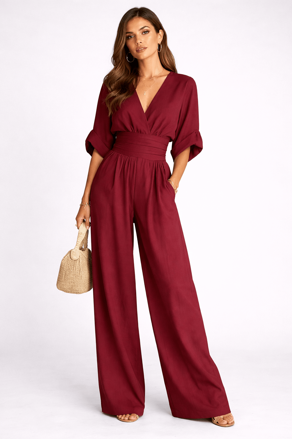 Women’s Deep V-Neck Wide Leg Chiffon Jumpsuit – Elegant High Waist Full Length Loose Fit Summer Romper