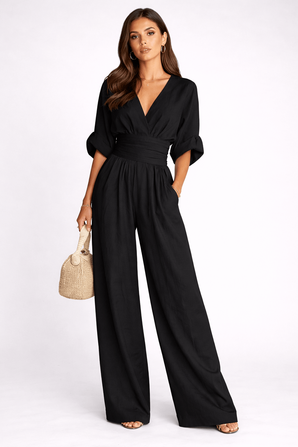 Women’s Deep V-Neck Wide Leg Chiffon Jumpsuit – Elegant High Waist Full Length Loose Fit Summer Romper