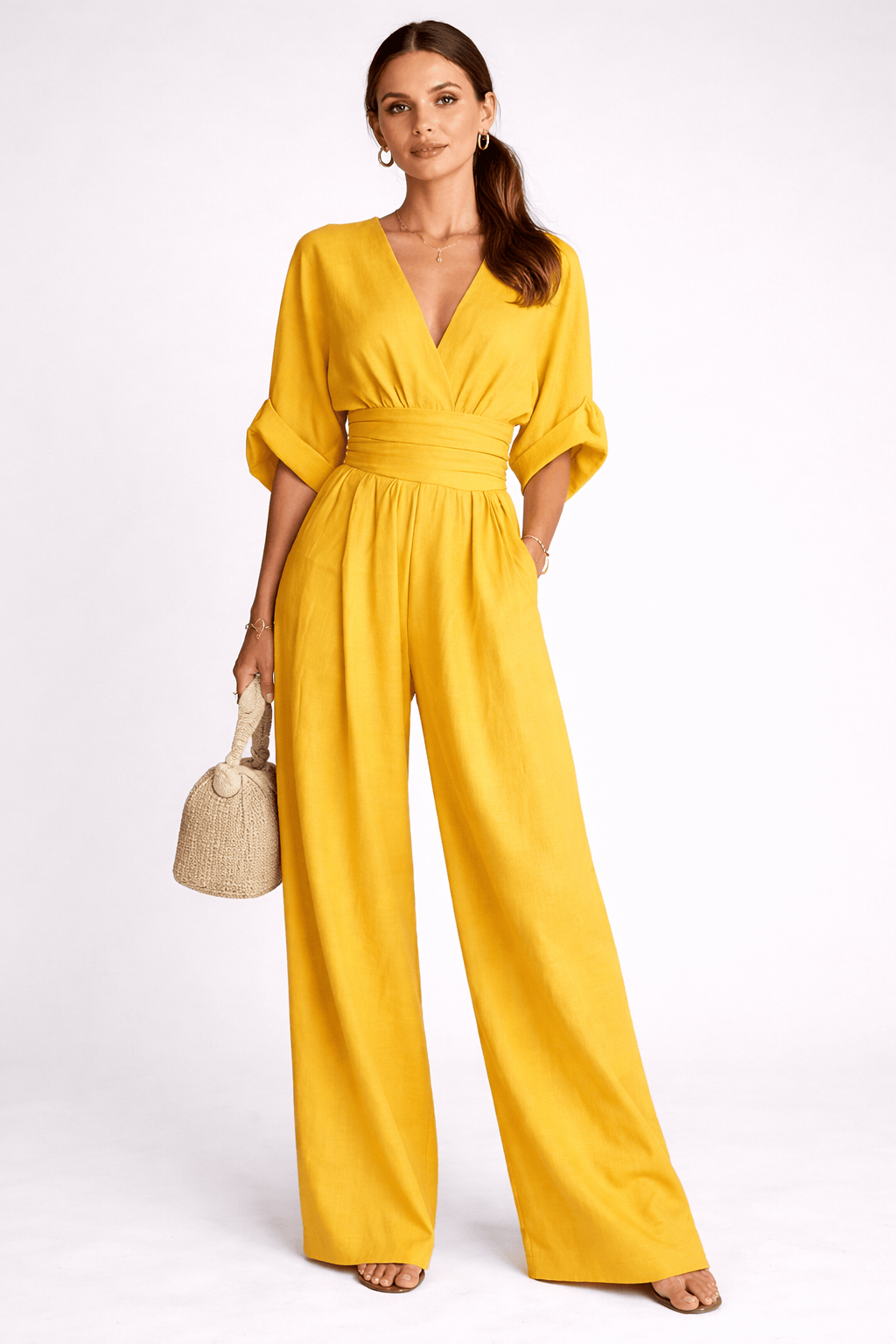 Women’s Deep V-Neck Wide Leg Chiffon Jumpsuit – Elegant High Waist Full Length Loose Fit Summer Romper