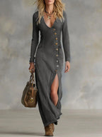 Denim Maxi Dress for Women with Deep V Neck & High Slit | Stylish Long-Sleeved Design for Everyday Fashion
