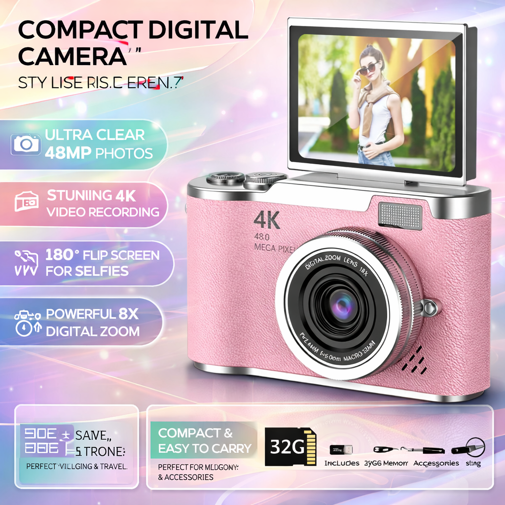 4K Digital Camera with Flip Screen and 48MP Photos
