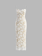 Women’s Sheer Lace Maxi Dress — Romantic Sleeveless Elegant Wedding & Vacation Gown