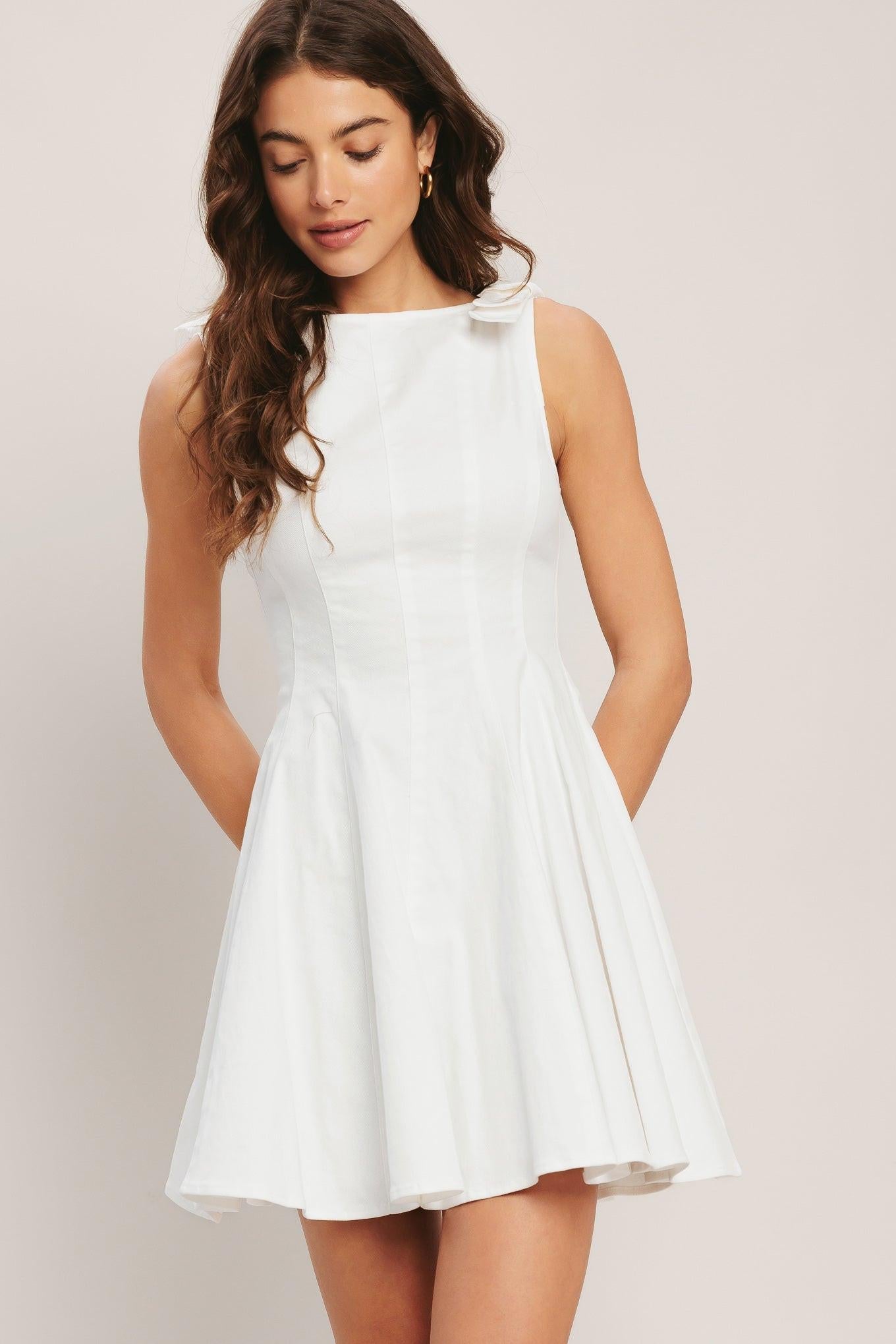 Women’s Solid Cotton Mini Dress — Wide Neck Bow Shoulder Circle Skirt Dress with Back Zipper