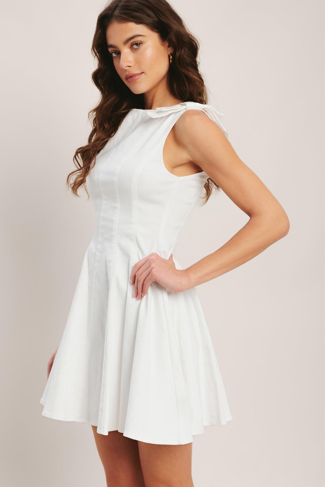 Women’s Solid Cotton Mini Dress — Wide Neck Bow Shoulder Circle Skirt Dress with Back Zipper