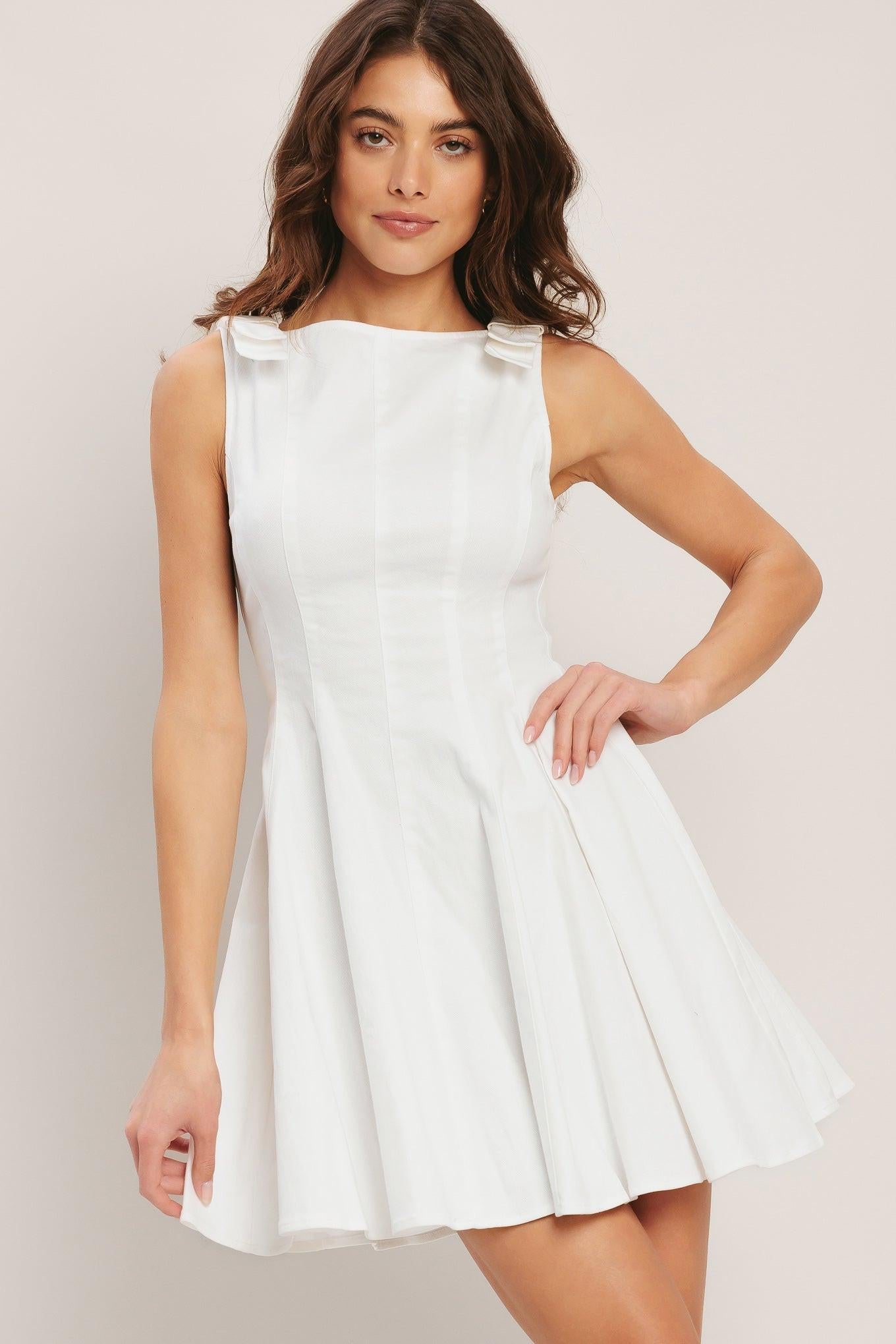 Women’s Solid Cotton Mini Dress — Wide Neck Bow Shoulder Circle Skirt Dress with Back Zipper