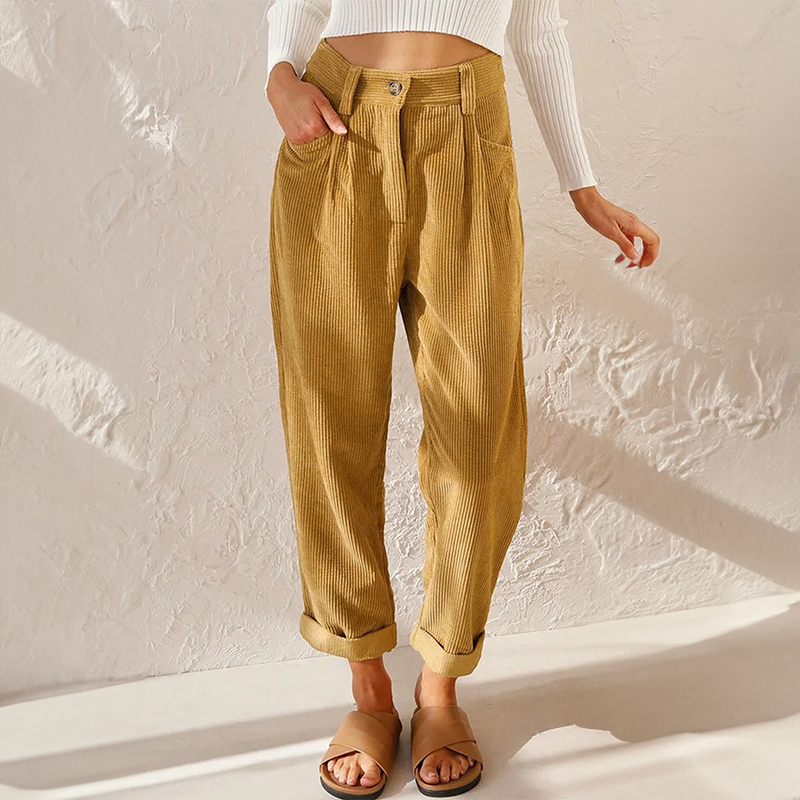 Women’s Vintage Cord-Inspired Pants – Relaxed Fit Elastic Waist Straight Leg Trousers