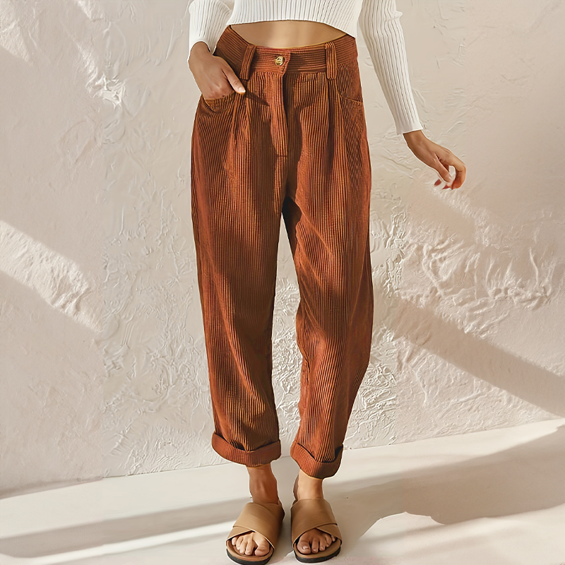 Women’s Vintage Cord-Inspired Pants – Relaxed Fit Elastic Waist Straight Leg Trousers