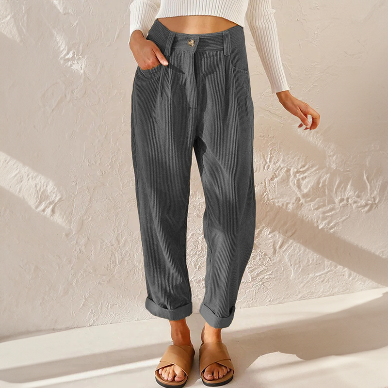 Women’s Vintage Cord-Inspired Pants – Relaxed Fit Elastic Waist Straight Leg Trousers