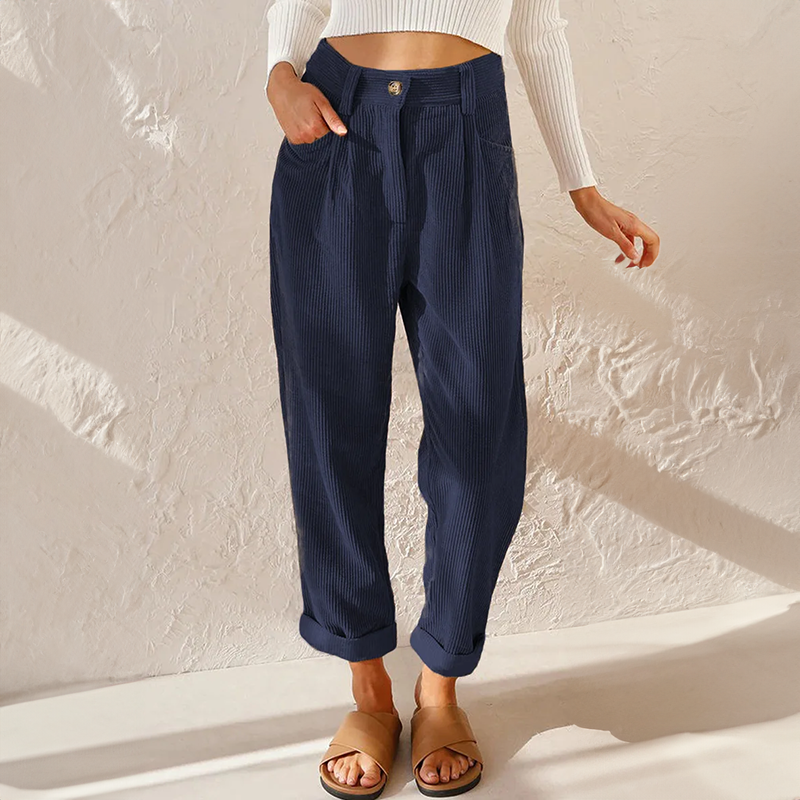 Women’s Vintage Cord-Inspired Pants – Relaxed Fit Elastic Waist Straight Leg Trousers