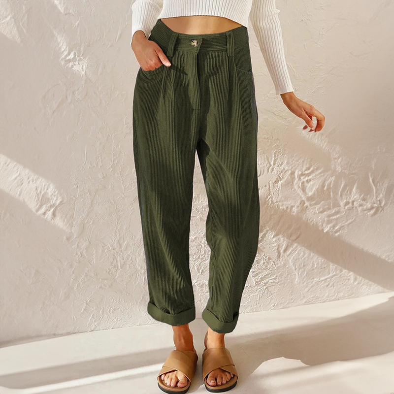 Women’s Vintage Cord-Inspired Pants – Relaxed Fit Elastic Waist Straight Leg Trousers