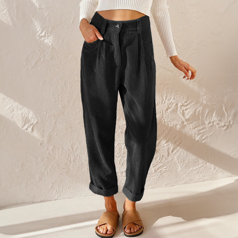 Women’s Vintage Cord-Inspired Pants – Relaxed Fit Elastic Waist Straight Leg Trousers