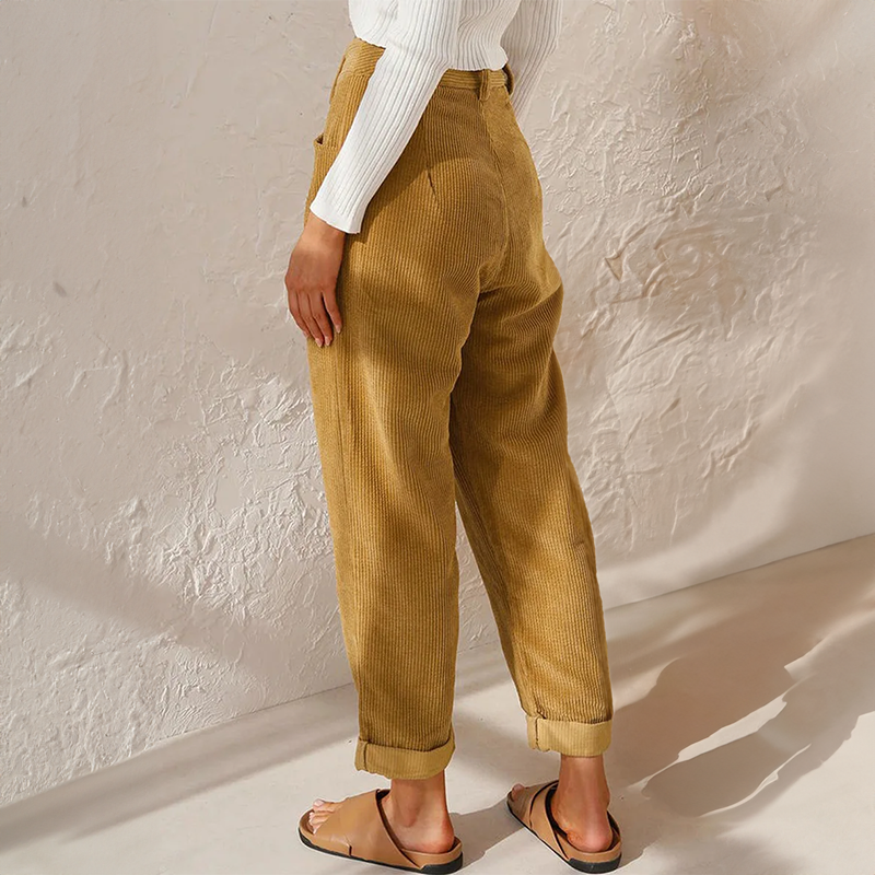 Women’s Vintage Cord-Inspired Pants – Relaxed Fit Elastic Waist Straight Leg Trousers
