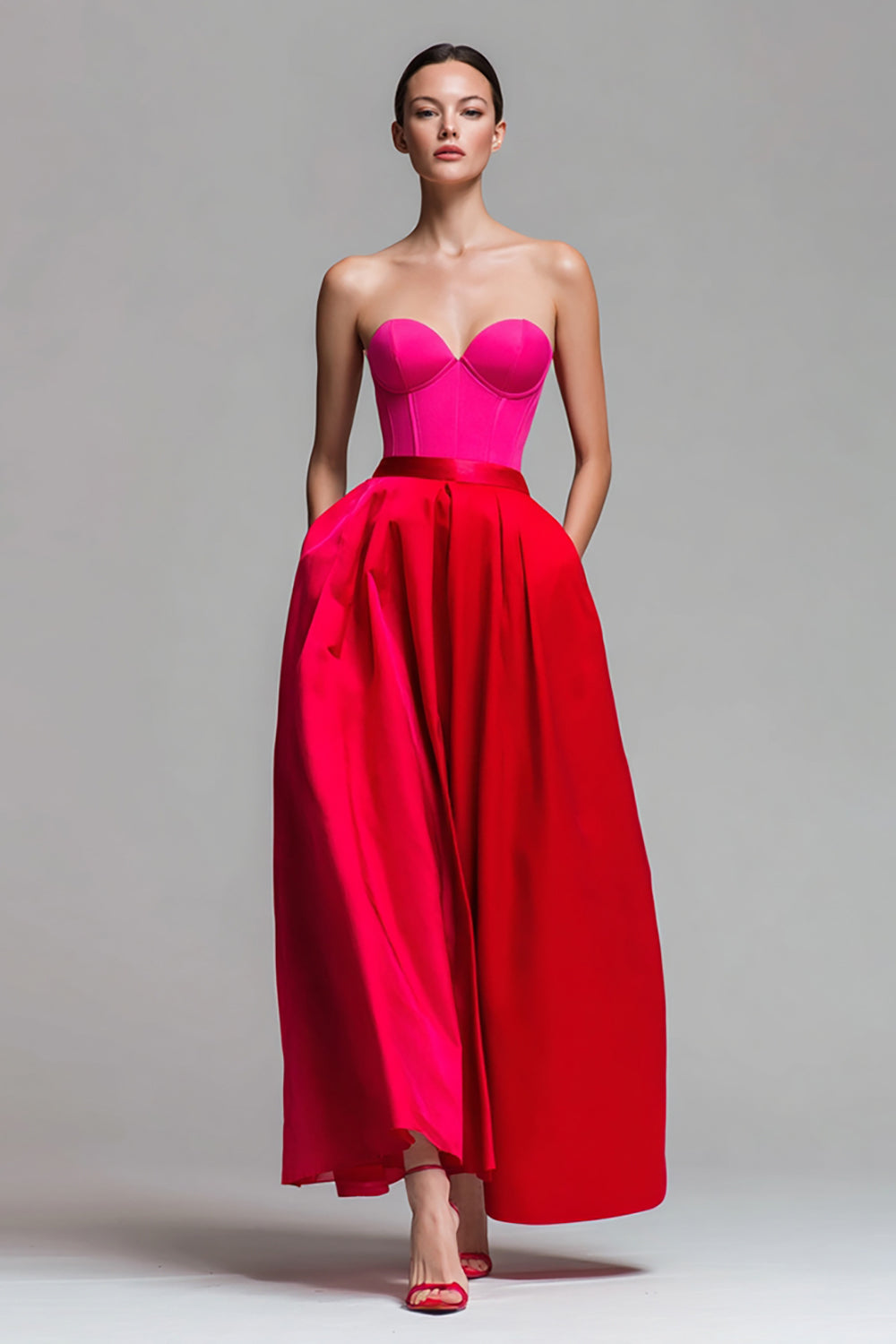Elegant A-Line Maxi Dress with Sweetheart Neckline | Colorblock Design for Timeless Style