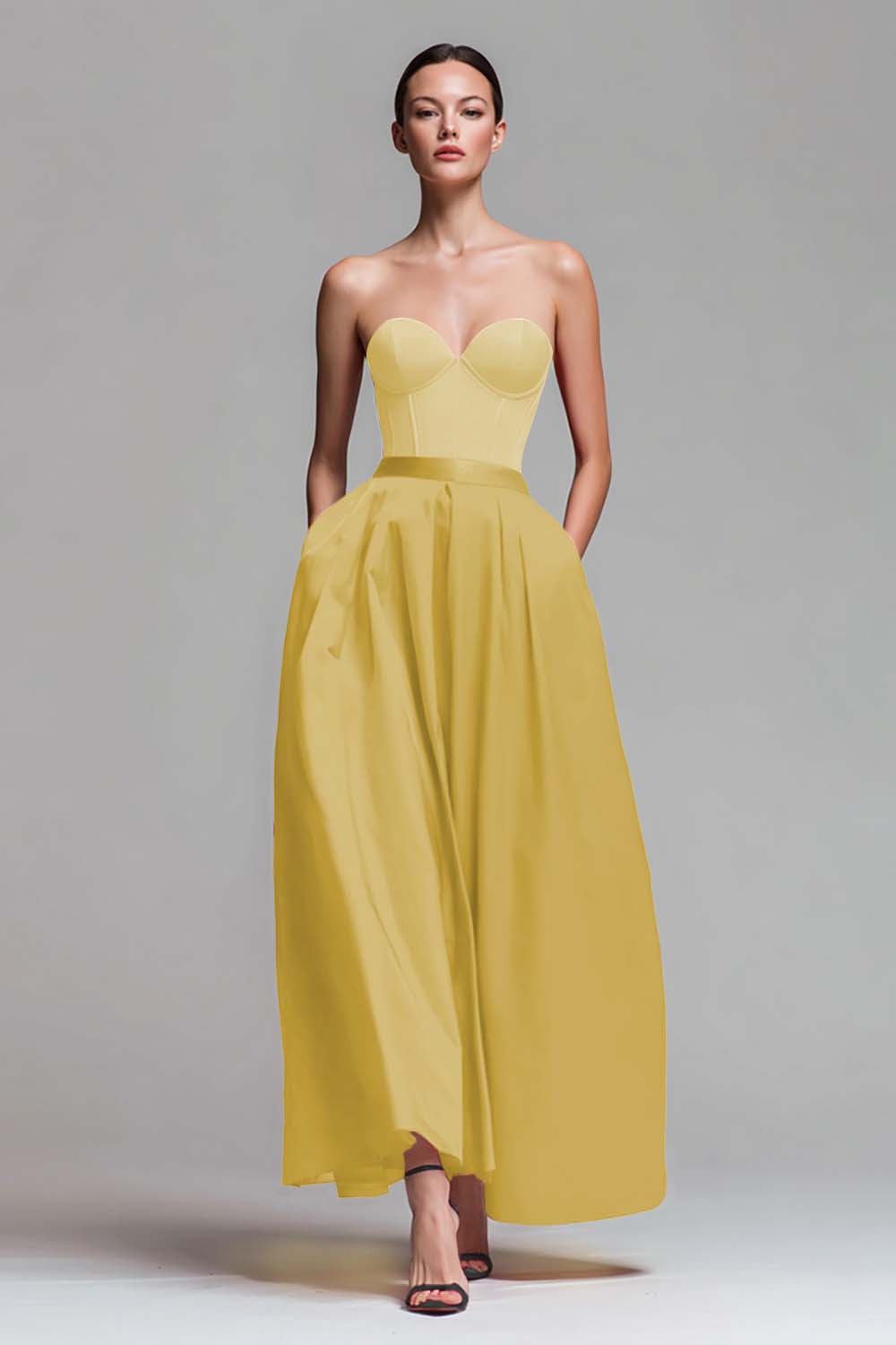 Colorblock maxi dress styled for a wedding or gala