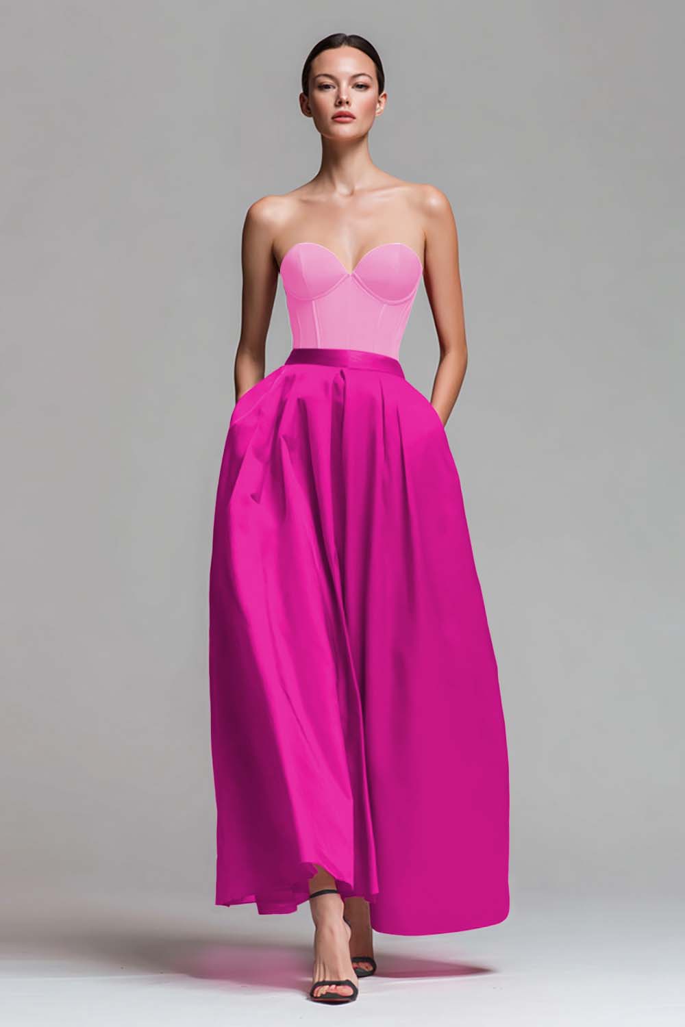 Full length A line sweetheart colorblock formal dress
