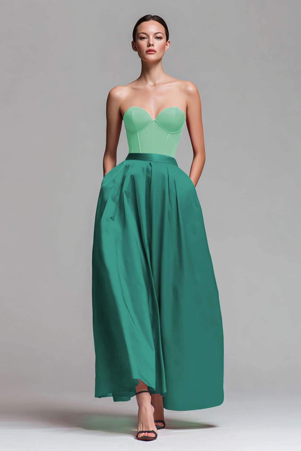 Womens colorblock evening gown with flowing A line skirt