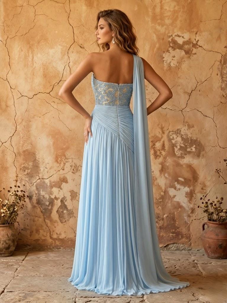 Elegant Chiffon Lace Applique A-Line Prom Dress Long Formal Gown