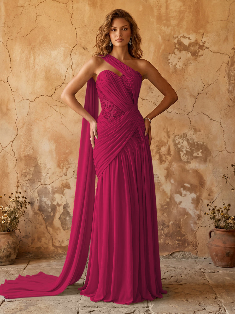 Elegant Chiffon Lace Applique A-Line Prom Dress Long Formal Gown