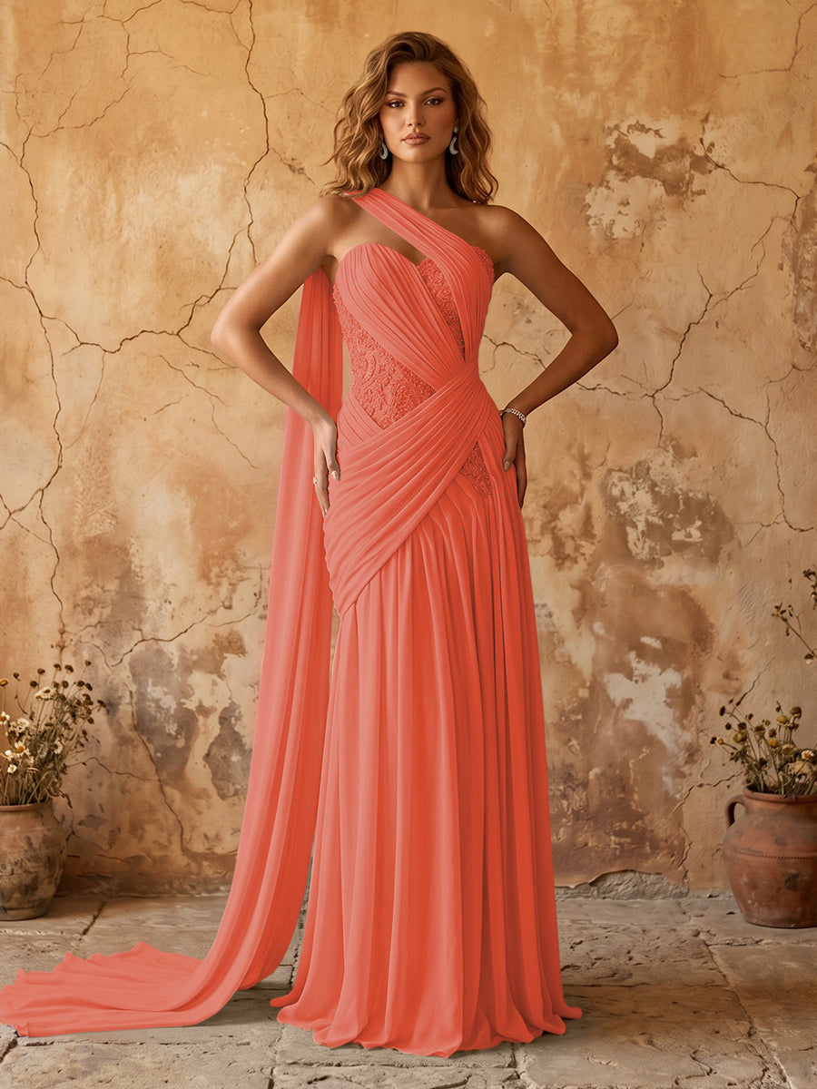 Elegant Chiffon Lace Applique A-Line Prom Dress Long Formal Gown