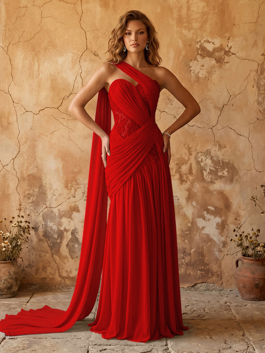 Elegant Chiffon Lace Applique A-Line Prom Dress Long Formal Gown