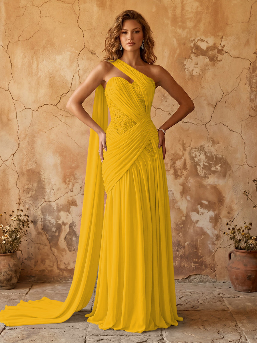 Elegant Chiffon Lace Applique A-Line Prom Dress Long Formal Gown