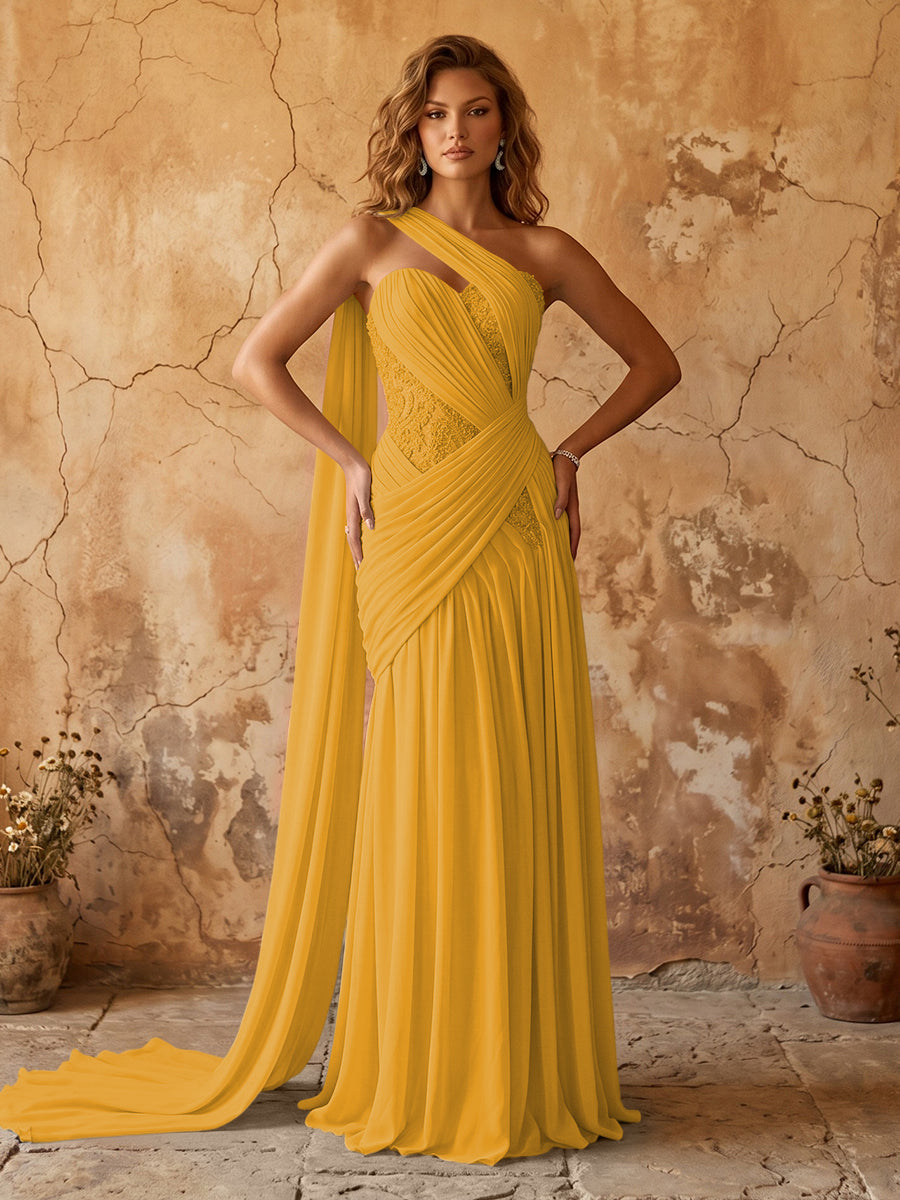 Elegant Chiffon Lace Applique A-Line Prom Dress Long Formal Gown