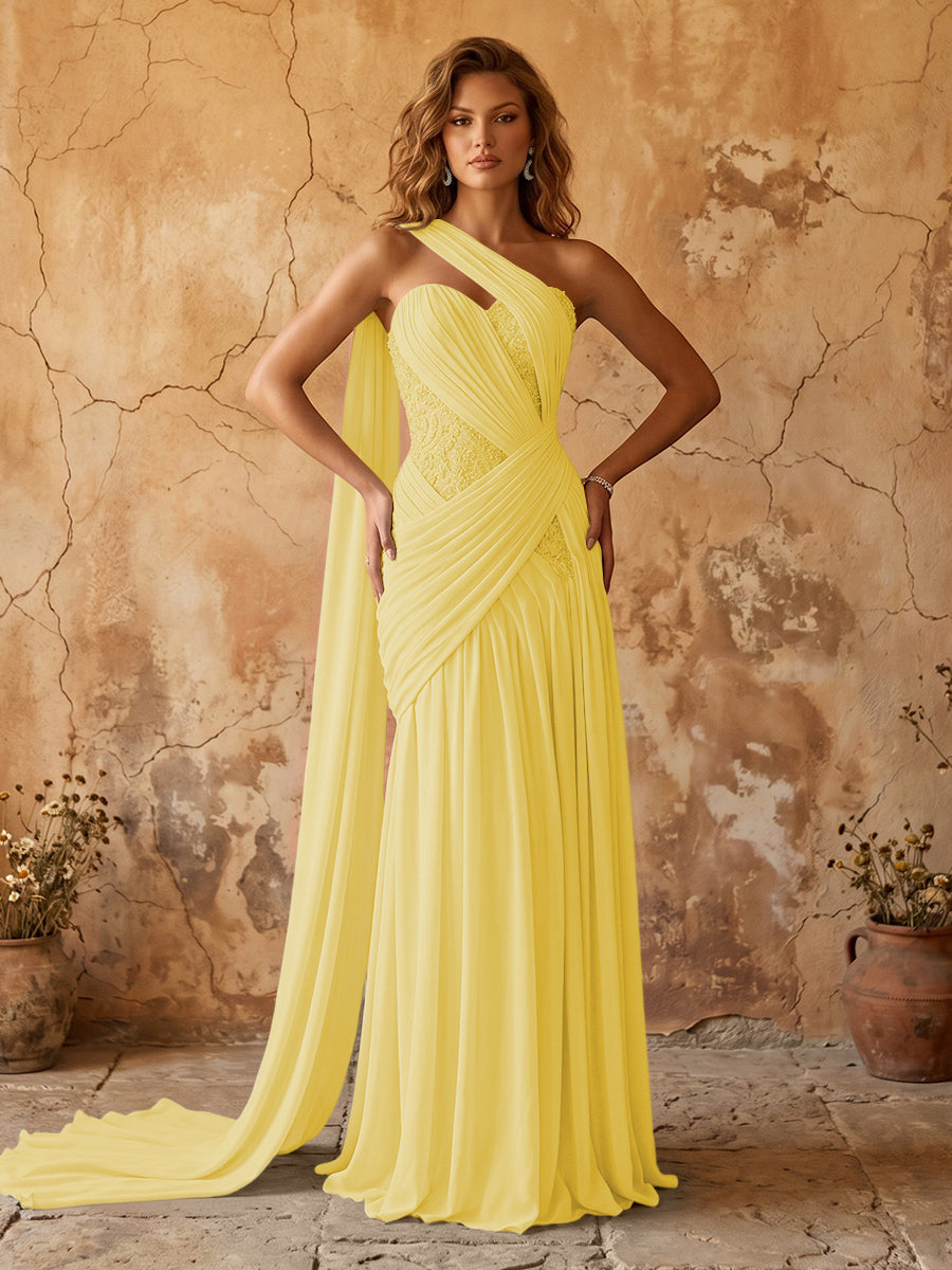 Elegant Chiffon Lace Applique A-Line Prom Dress Long Formal Gown