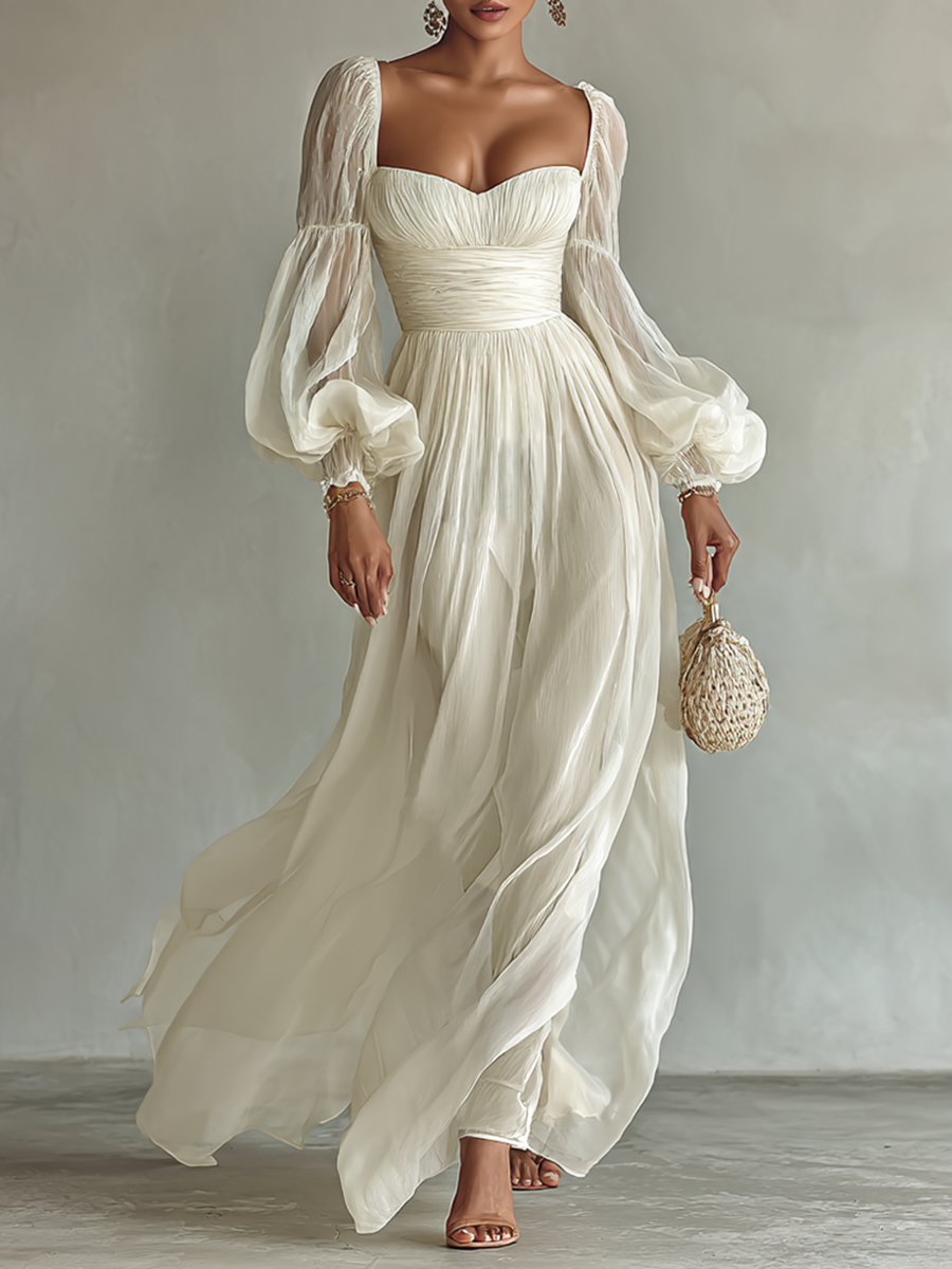 Elegant Chiffon | Long Sleeve Maxi Dress with Square Neckline | Flowy Design for Effortless Styling
