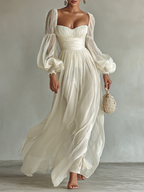 Elegant Chiffon | Long Sleeve Maxi Dress with Square Neckline | Flowy Design for Effortless Styling