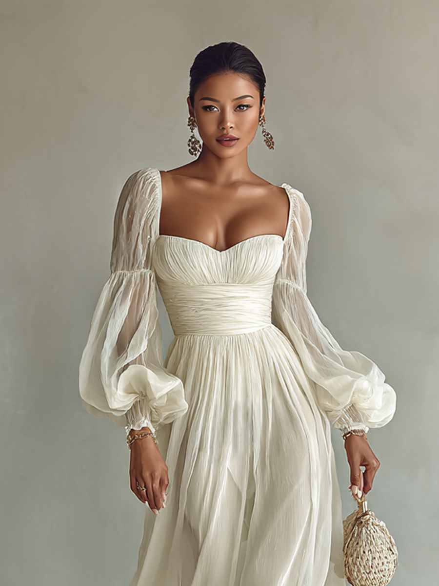 Elegant Chiffon | Long Sleeve Maxi Dress with Square Neckline | Flowy Design for Effortless Styling