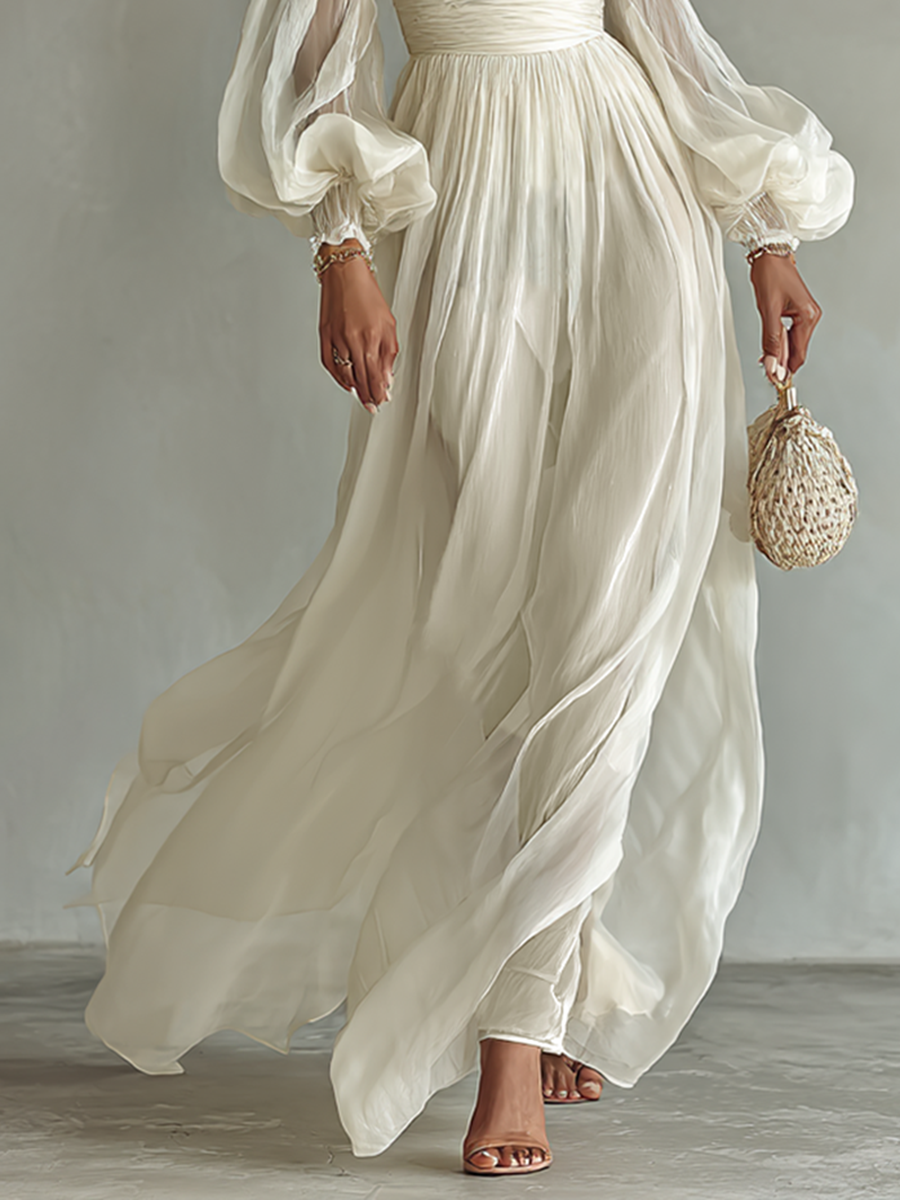 Elegant Chiffon | Long Sleeve Maxi Dress with Square Neckline | Flowy Design for Effortless Styling