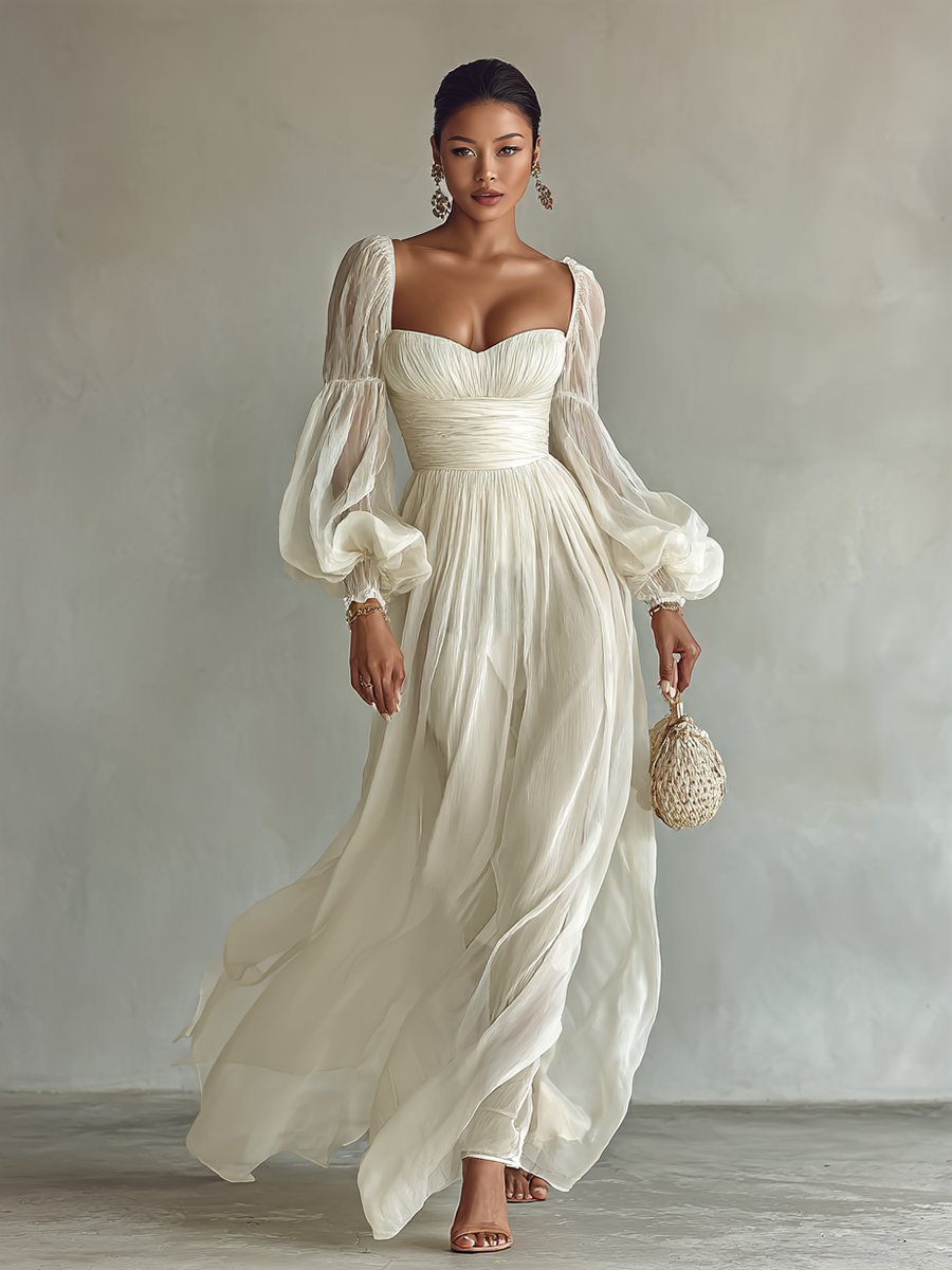 Elegant Chiffon | Long Sleeve Maxi Dress with Square Neckline | Flowy Design for Effortless Styling