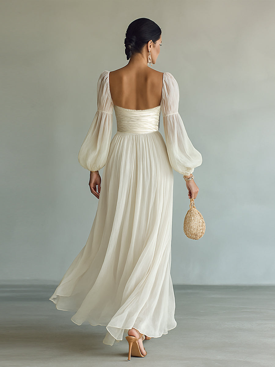 Elegant Chiffon | Long Sleeve Maxi Dress with Square Neckline | Flowy Design for Effortless Styling