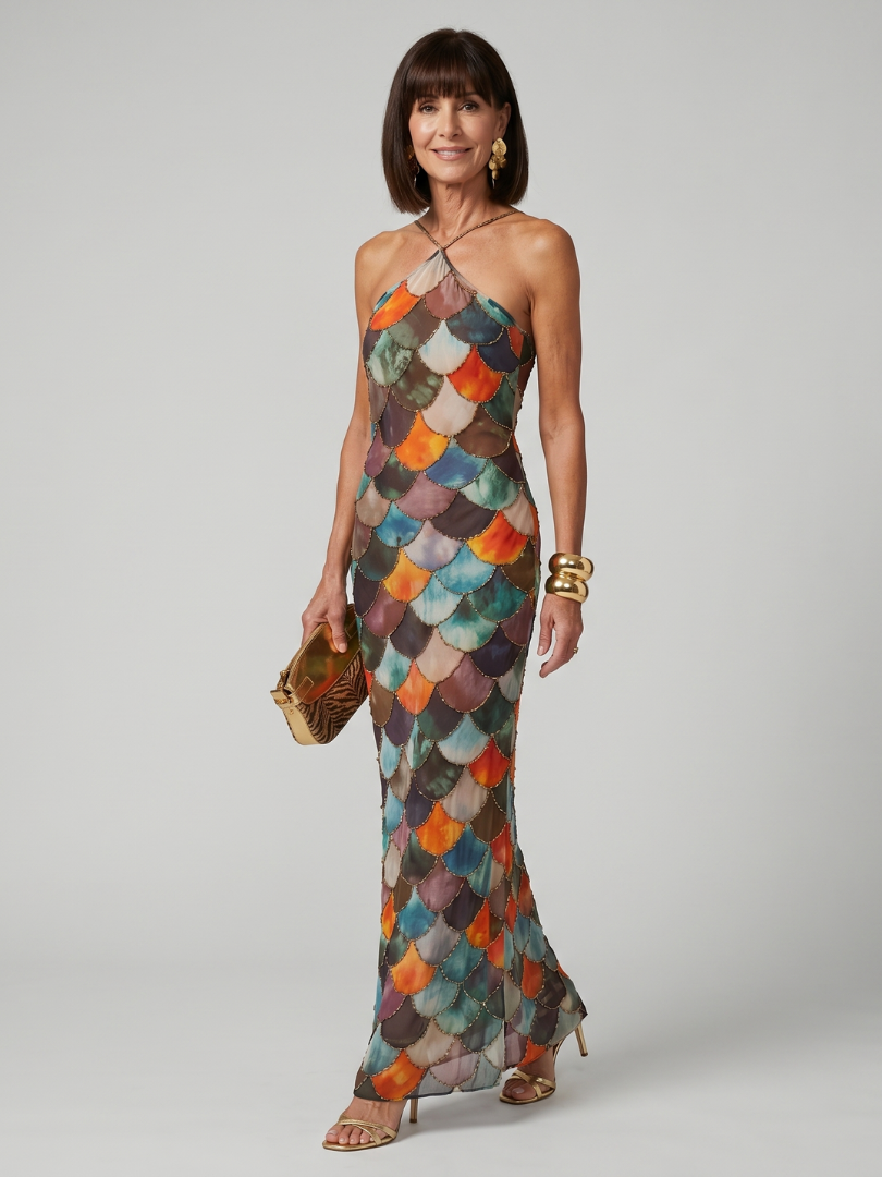 Elegant Collection | Fitted Maxi Dress with Halter Neckline & Scale Pattern | Long Dresses for Women with Flattering Silhouette