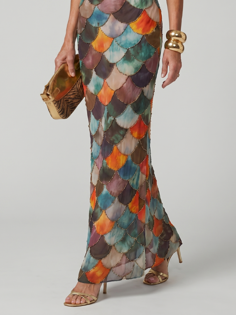 Elegant Collection | Fitted Maxi Dress with Halter Neckline & Scale Pattern | Long Dresses for Women with Flattering Silhouette