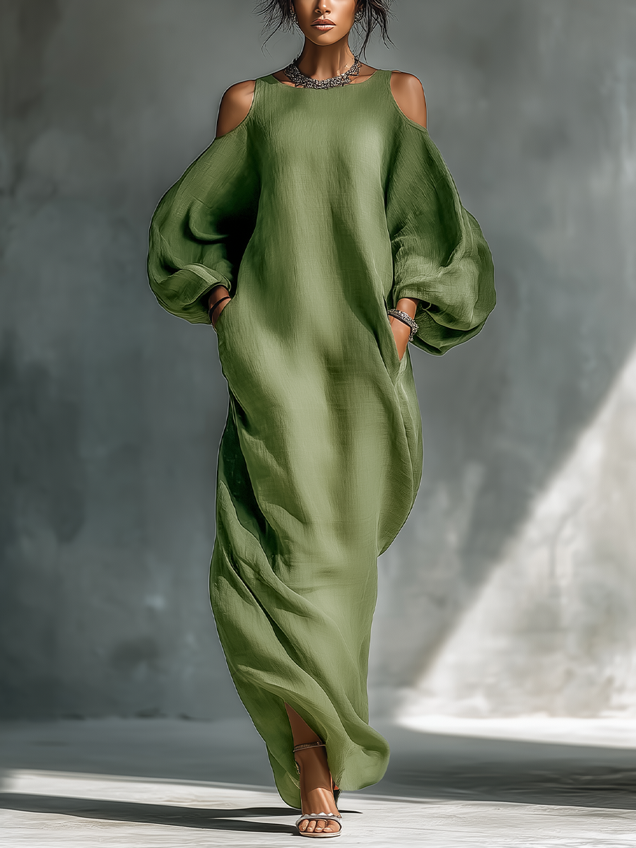 Elegant Collection | Long Sleeve Maxi Dress with Cold-Shoulder Design | Chic Style with Side Pockets for Effortless Fashion