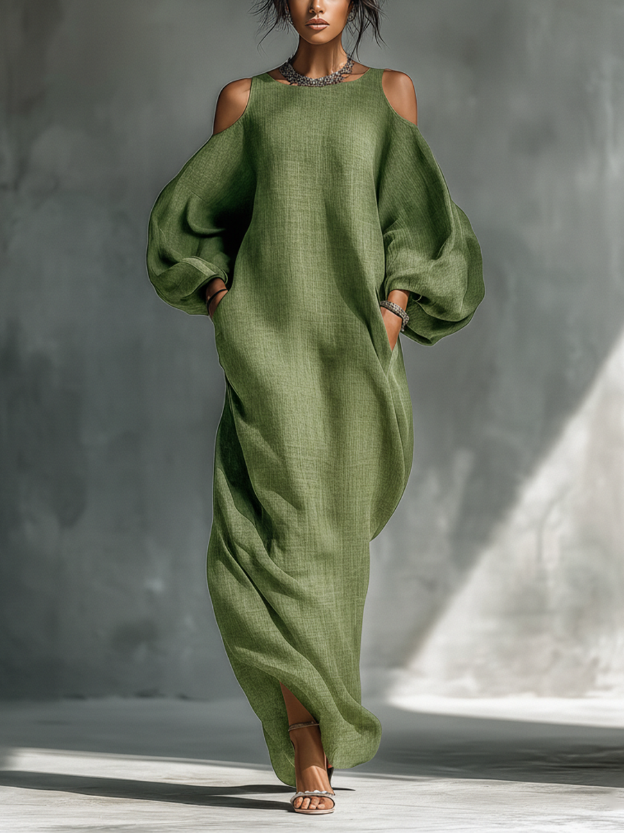 Elegant Collection | Long Sleeve Maxi Dress with Cold-Shoulder Design | Chic Style with Side Pockets for Effortless Fashion