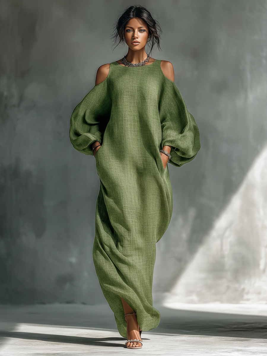 Elegant Collection | Long Sleeve Maxi Dress with Cold-Shoulder Design | Chic Style with Side Pockets for Effortless Fashion