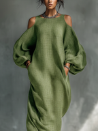 Elegant Collection | Long Sleeve Maxi Dress with Cold-Shoulder Design | Chic Style with Side Pockets for Effortless Fashion