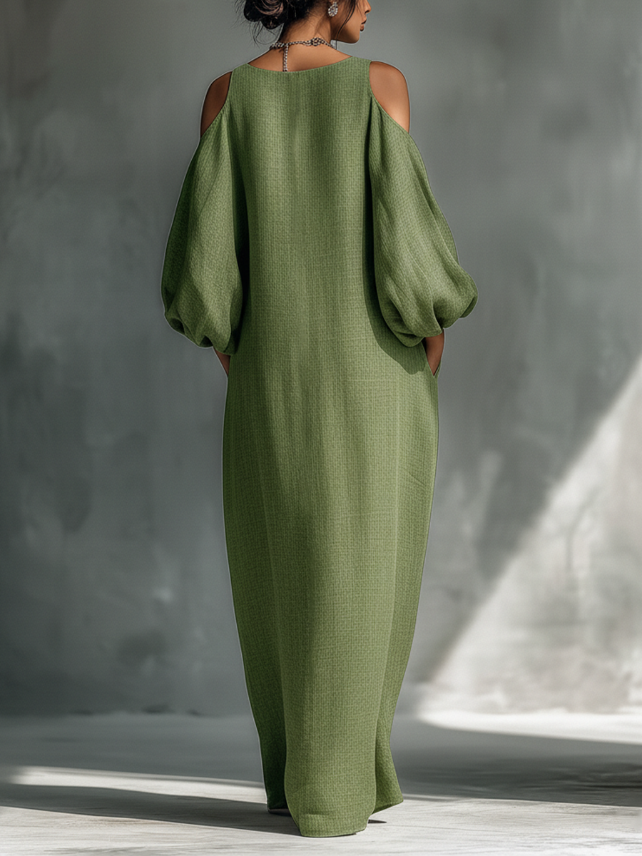 Elegant Collection | Long Sleeve Maxi Dress with Cold-Shoulder Design | Chic Style with Side Pockets for Effortless Fashion
